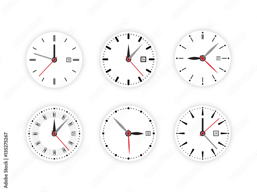 Set vector image of minimalistic clock dial white with black ticks time, different shapes of round and square, isolated on background. The timer is divided into 60 parts Set vector image of minimalistic clock dial white with black ticks time, different shapes of round and square, isolated on background. The timer is divided into 60 parts