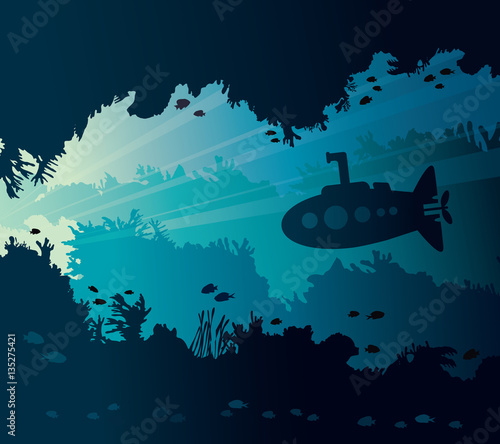 Seascape with submarine, coral reef and underwater cave.