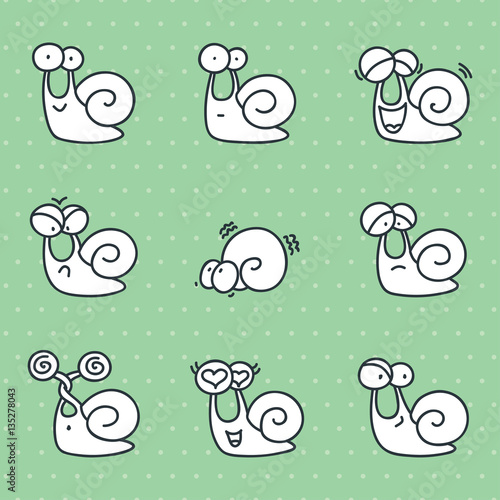 Set of funny doodle snails. Vector illustration.
