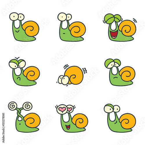 Set of funny snails isolated on white background. Doodle vector illustration.