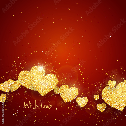 Vector Happy Valentine's Day greeting card with sparkling glitter gold textured hearts on red background