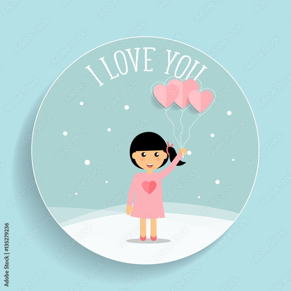 Valentines day background design with Cute girl. Vector illustra Valentines day background design with Cute girl. Vector illustra