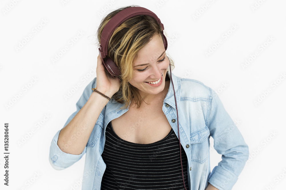 Woman Smiling Happiness Music Headphones Concept Woman Smiling Happiness Music Headphones Concept