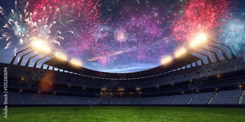 Photography Stadium night light without people fireworks 3d render