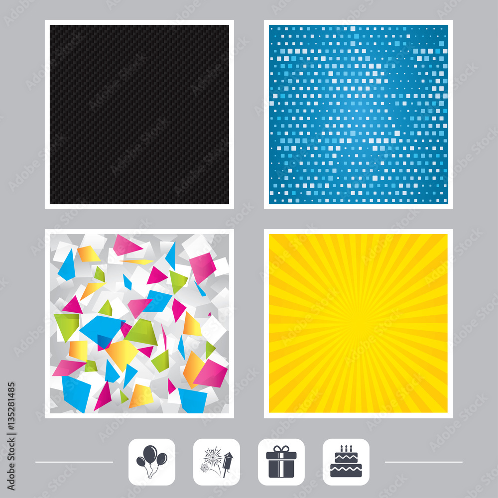 Birthday party icons. Cake and gift box symbol. Birthday party icons. Cake and gift box symbol.