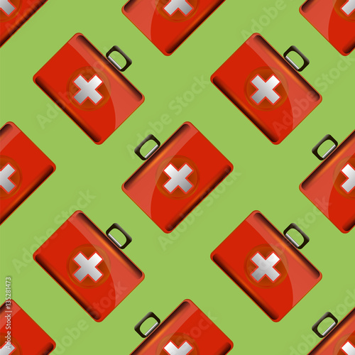 First Aid Kit Seamless Pattern on Green Backgrouns. Medical Texture