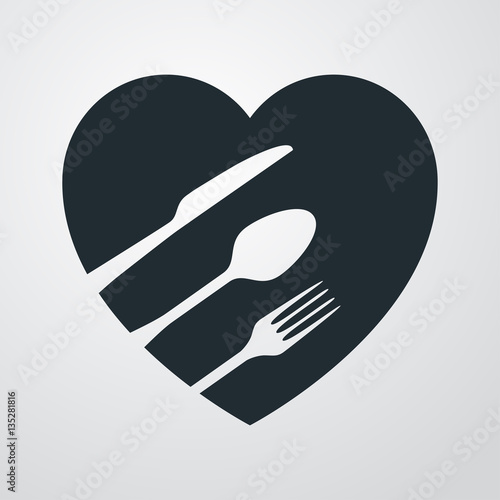 Icono plano cubiertos con corazon en fondo degradado
