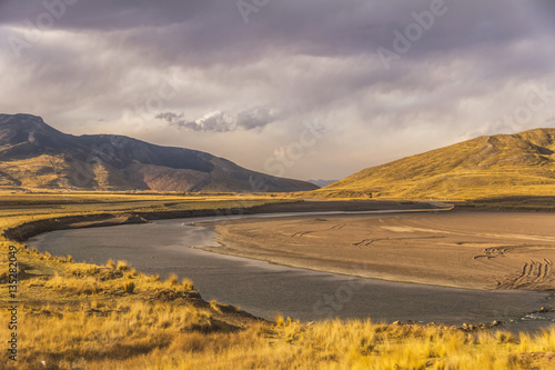 Peruvian landscape on the sunset with river.