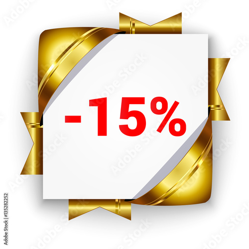Golden 3d discount banner. White square background tied with rib
