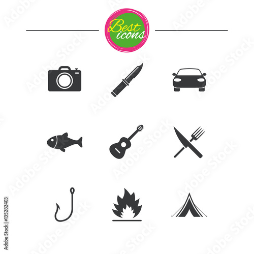 Camping travel icons. Fishing, tourist tent. © blankstock