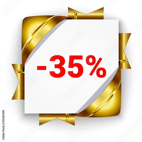 Golden 3d discount banner. White square background tied with rib