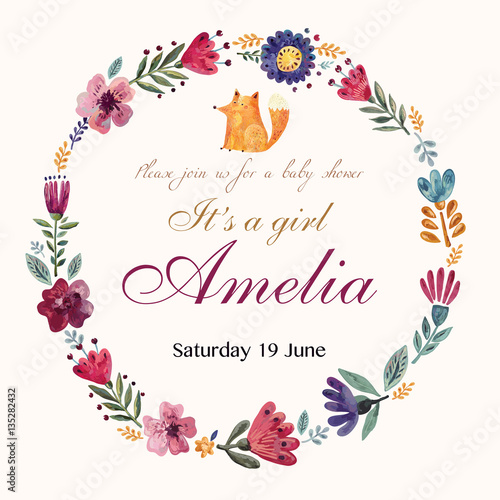 Template for invitation card with floral wreath and lettering