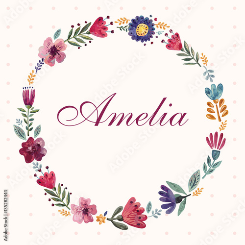 Template for invitation card with floral wreath and lettering