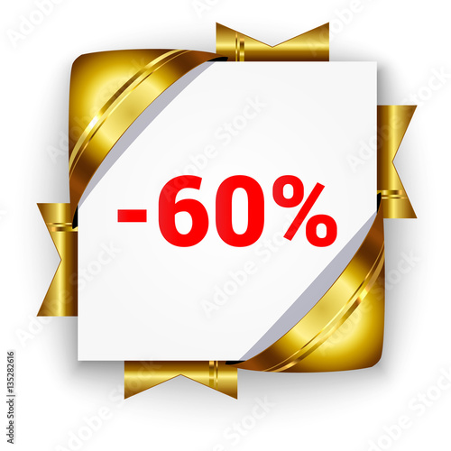 Golden 3d discount banner. White square background tied with rib