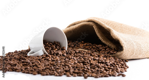 Coffee cup with roasted coffee beans.