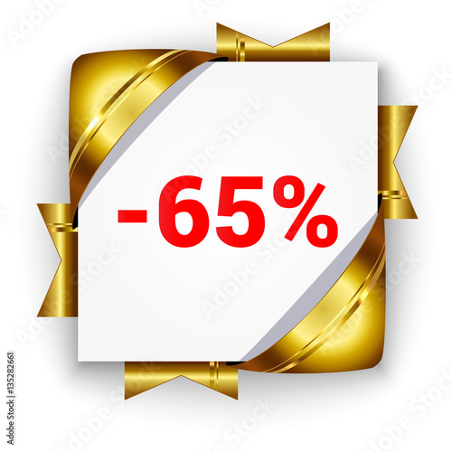 Golden 3d discount banner. White square background tied with rib