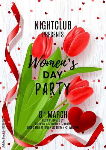 Poster for Women's Day party. Beautiful poster with red tulip and satin ribbon and case for ring. Vector illustration with confetti on wooden texture. Invitation to nightclub.