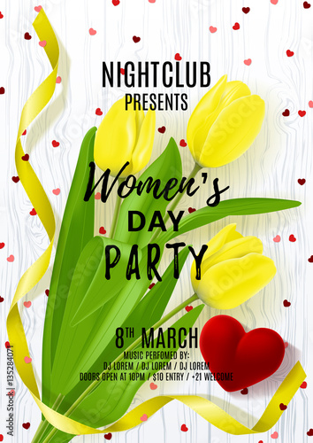 Flyer for Women's Day party. Beautiful poster with yellow tulip and satin ribbon and red case for ring. Vector illustration with confetti on wooden texture. Invitation to nightclub.