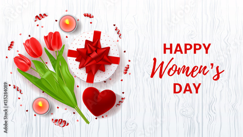 Greeting banner for Women's Day. Top view on composition with red flowers, gift box, case for ring, candles and confetti. Vector illustration with serpentine on wooden texture.