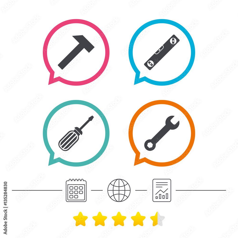 Screwdriver and bubble level, hammer. Screwdriver and bubble level, hammer.