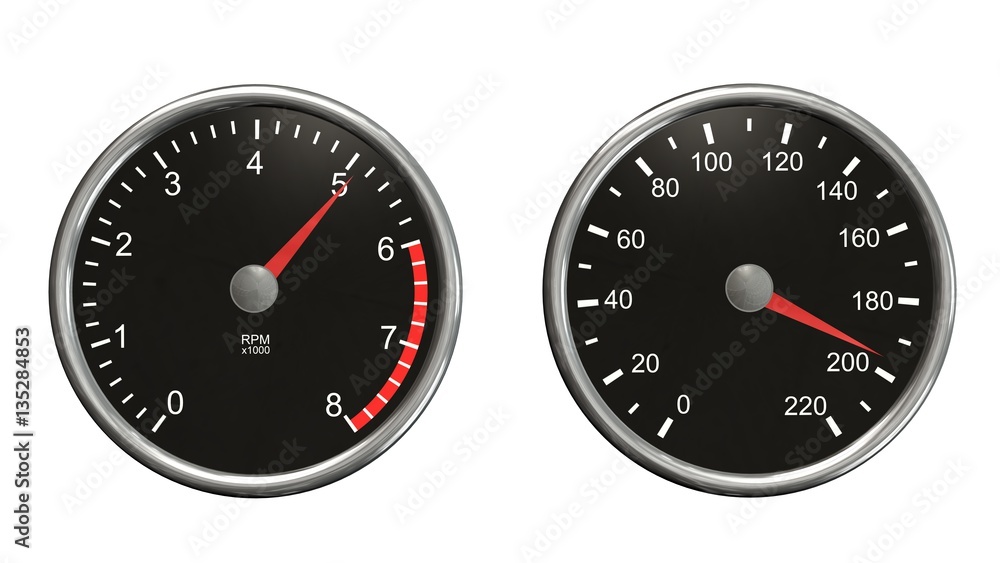 Tachometer and speedometer. Round gauges in chrome frames isolated on white background Tachometer and speedometer. Round gauges in chrome frames isolated on white background