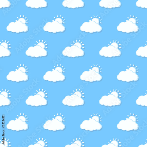 Blue sky with cloud and sun, vector seamless background