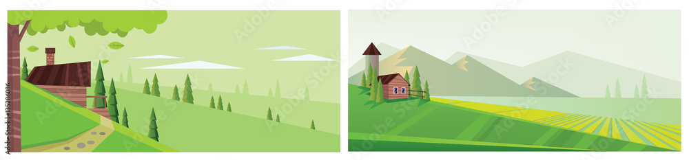 Digital vector abstract background collection set with pines, green fields and clouds, falling leaves, a village house, flat triangle style Digital vector abstract background collection set with pines, green fields and clouds, falling leaves, a village house, flat triangle style