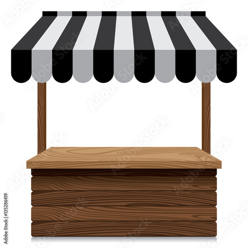 Wooden market stall with black and grey awning on white background.