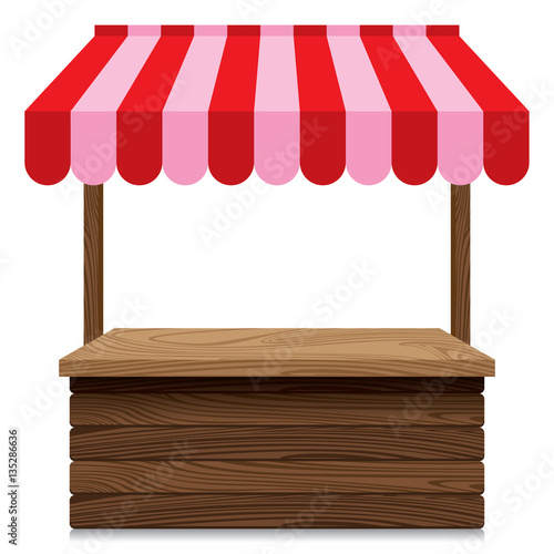 Tela Wooden market stall with red and pink awning on white background.