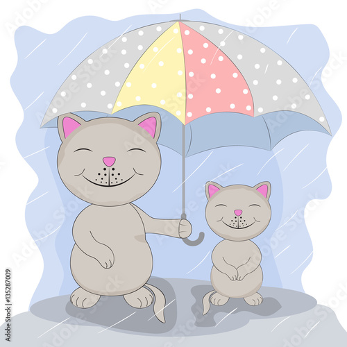 Two cute cartoon cat  with umbrella under the rain.