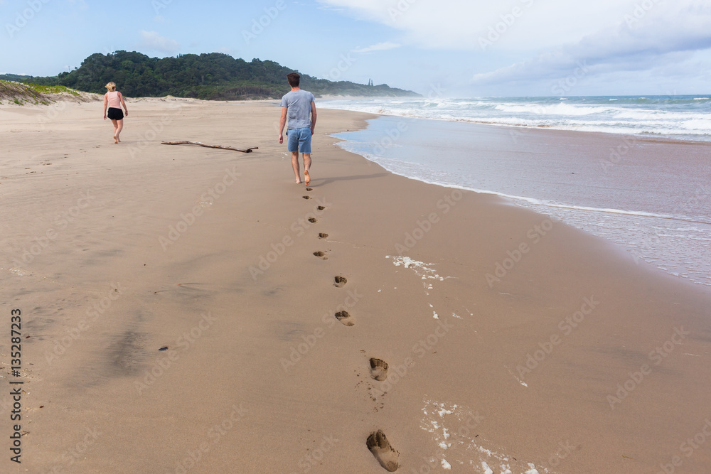 Girl Boy Footprints Walking Beach Ocean Girl Boy Footprints Walking Beach Ocean