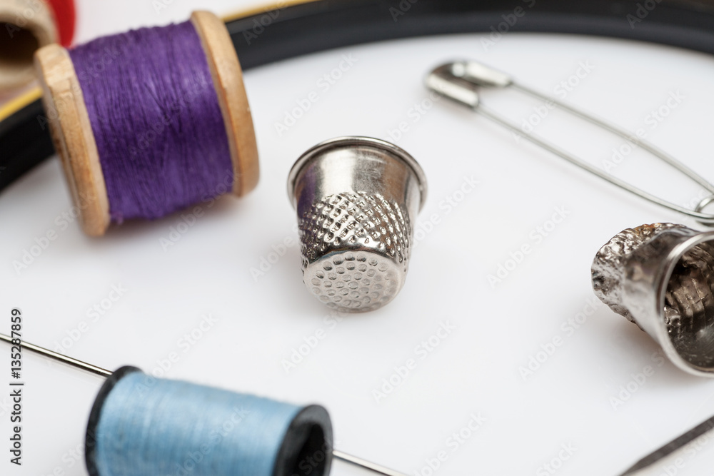 Close-up shot of items for sewing on a white background