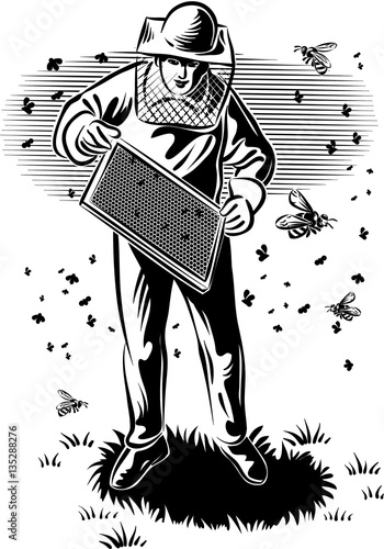 Beekeeper takes care of his hive, surrounded by worker bees.