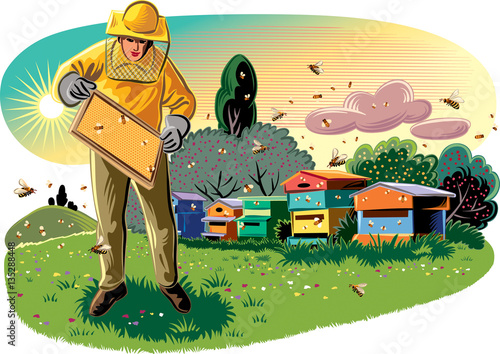 Beekeeper takes care of his hive, surrounded by worker bees.