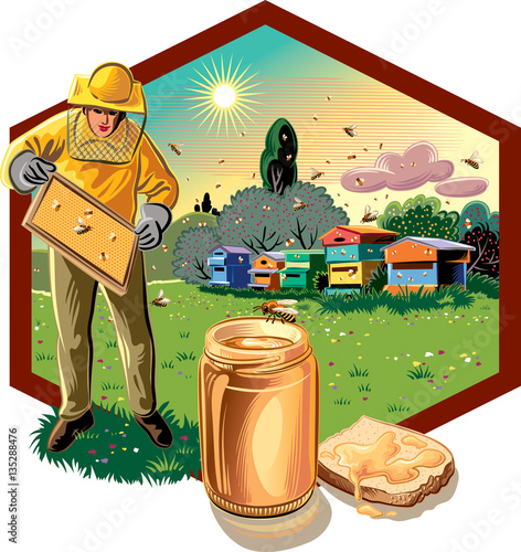 Beekeeper takes care of his hive, surrounded by worker bees.