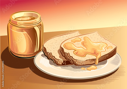 Jar of honey and slices of bread.