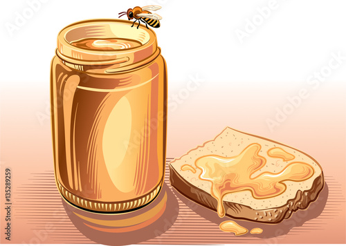 Jar of honey bee resting, and a slice of bread