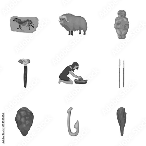 Stone age set icons in monochrome style. Big collection of stone age vector symbol stock illustration