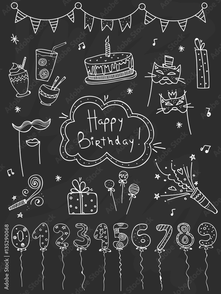 Hand drawn set Birthday elements. Cakes, balloons, festive attributes on chalkboard background