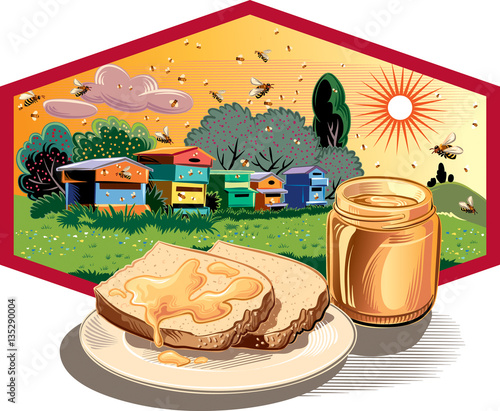 Hexagon frame with flowery scenery, hives, worker bees on the flowers and jar of honey.