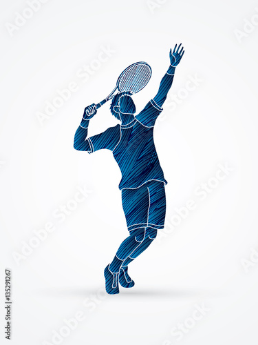 Man tennis player action serve designed using blue grunge brush graphic vector.