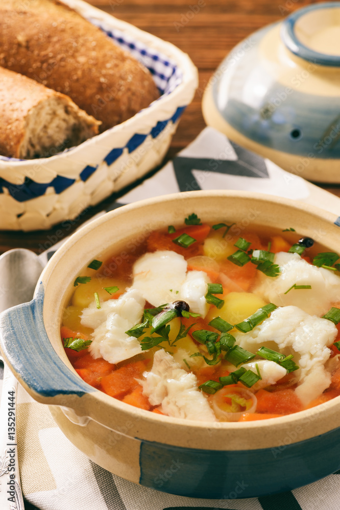Clear fish soup with vegetables. Clear fish soup with vegetables.