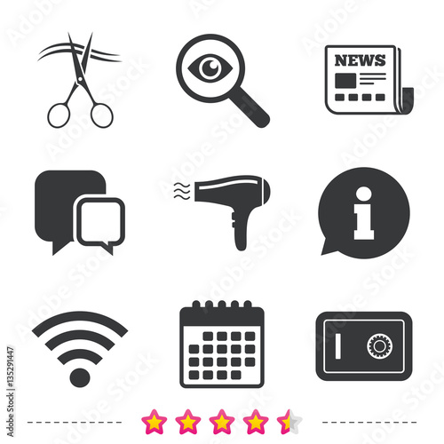 Hotel services icon. Wi-fi, Hairdryer and safe.