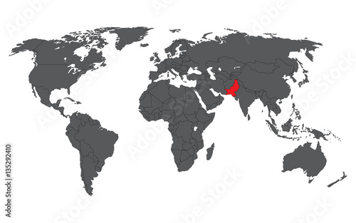 Pakistan red on gray world map vector