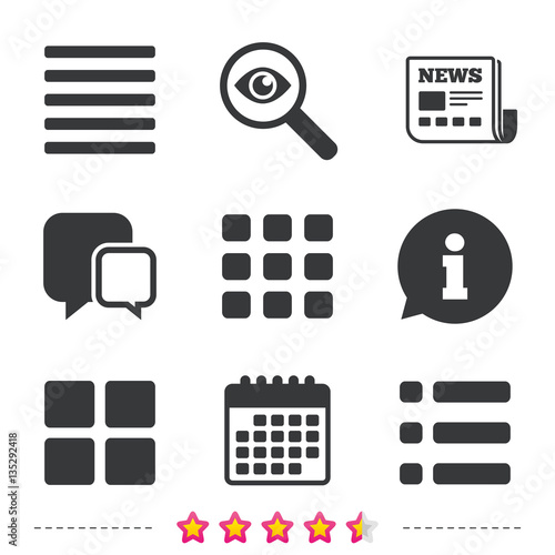 List menu icons. Content view options.