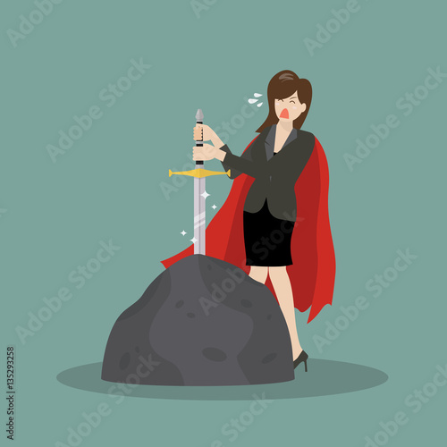 Business woman try to pull sword from stone