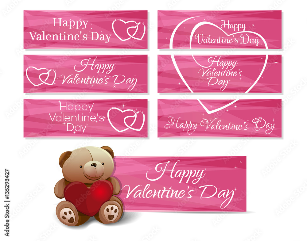 Banners set for Valentine's Day. Cute teddy bear, hearts, greeting inscription on a pink background. Romantic collection. Vector illustration
