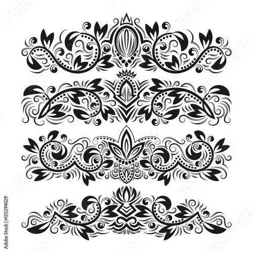 Ornate decorative ornaments. Design ornamental elements. Vintage headline decorations set. Floral tattoo in baroque style.