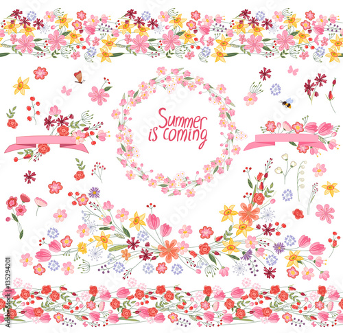 Floral summer elements with cute bunches of tulips, daffodinls and roses. Endless horizontal pattern brushes. For romantic and easter design, announcements, greeting cards, posters, advertisement.