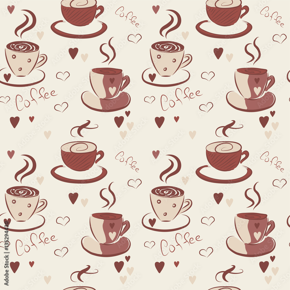 Obraz premium Seamless pattern with cute cups of coffee and hearts, vector illustration.